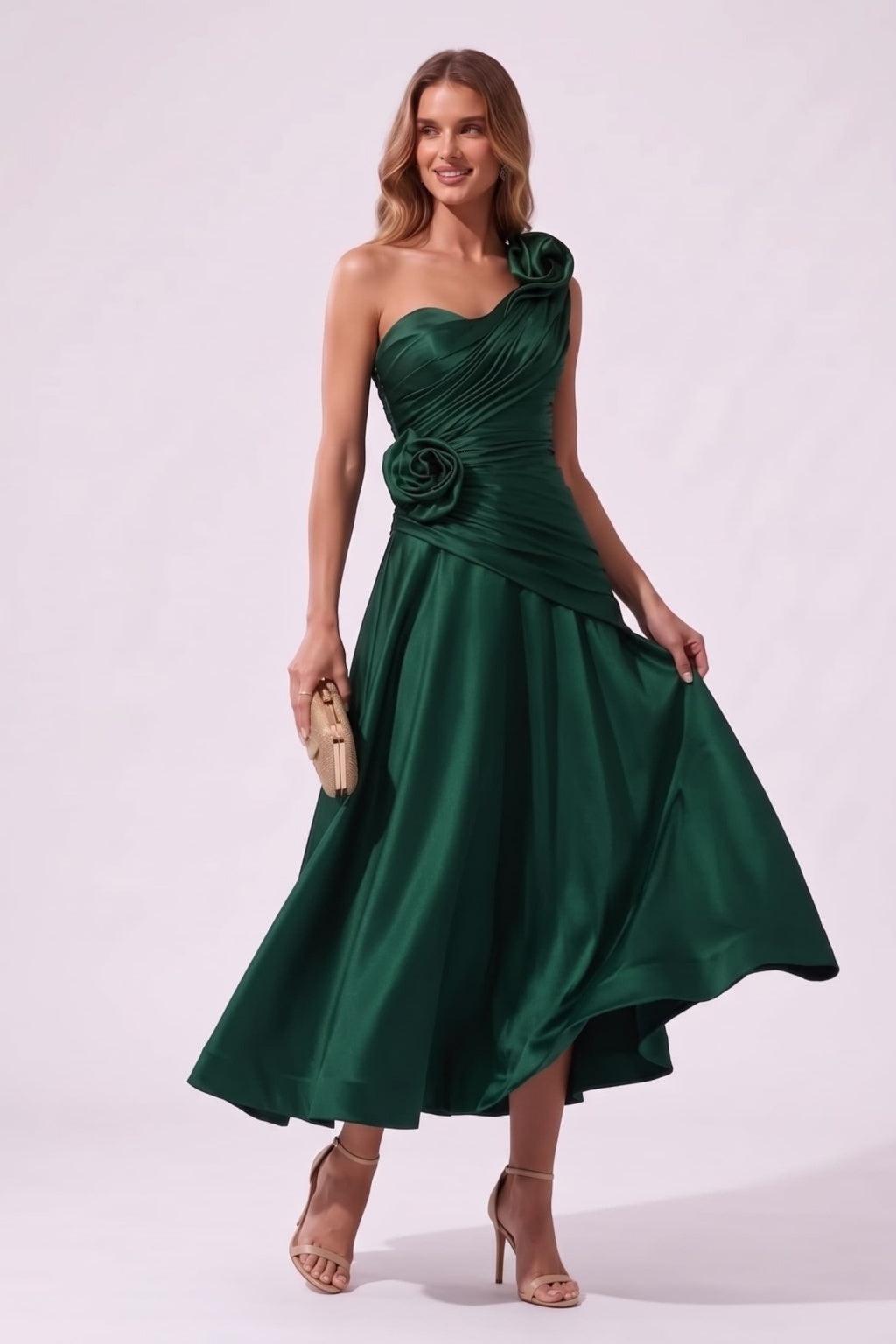 A-Line Ankle Length Satin Special Occasion Dress CS1099 - Hunter Green - COCOMELODY